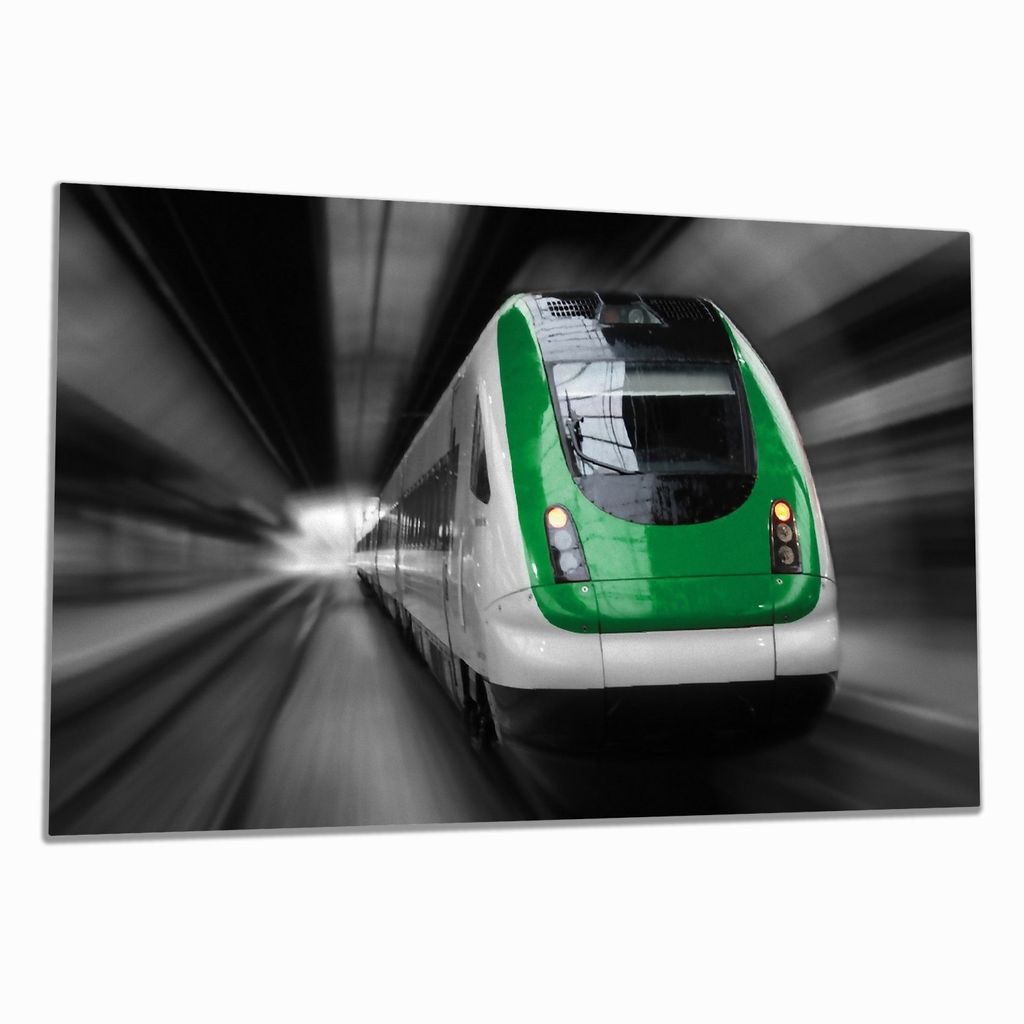 Wallario Herdabdeckplatte aus Glas, Größe 90 x 52 cm 1-teilig, Motiv Fahrender Zug von vorn Design - Perspektive von vorn