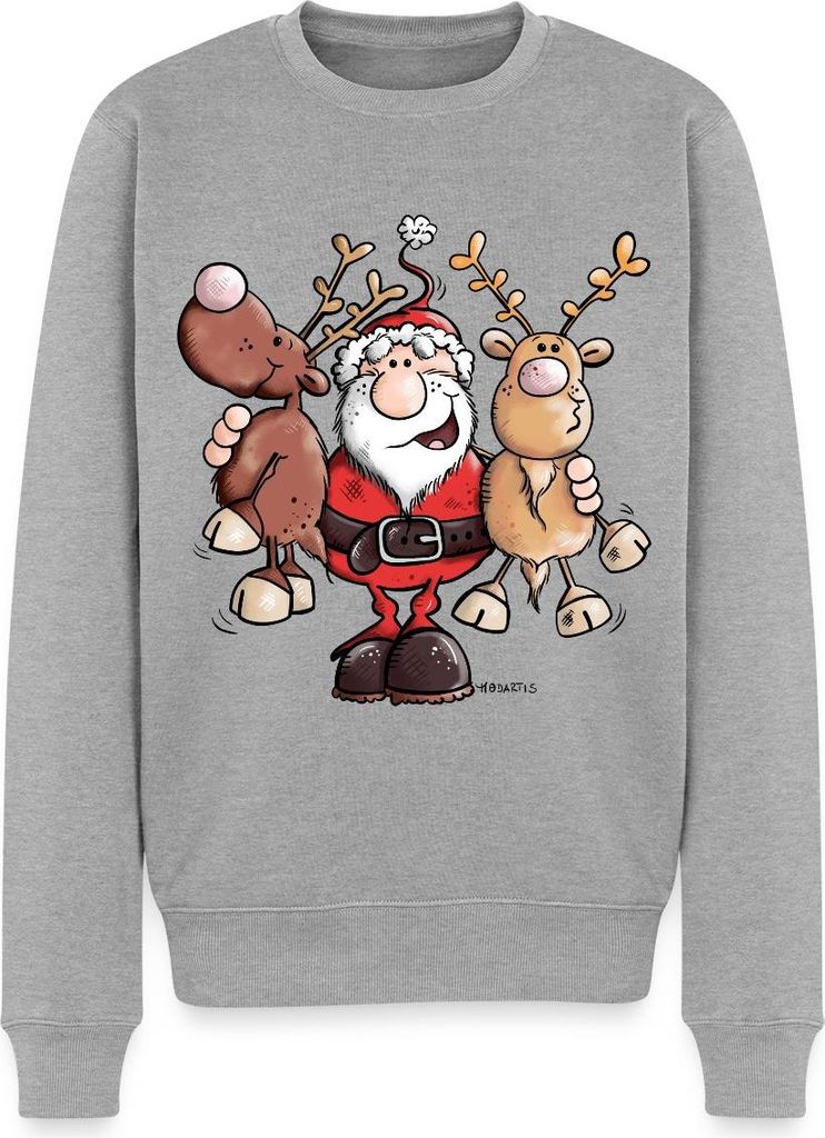 Spreadshirt Fröhlicher Weihnachtsmann Mit Rentieren Cartoon Stil Herren Premium Pullover, L, Grau meliert