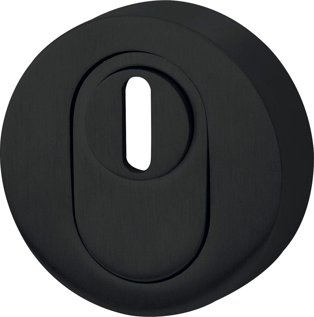 A black, round escutcheon plate with a keyhole slot.