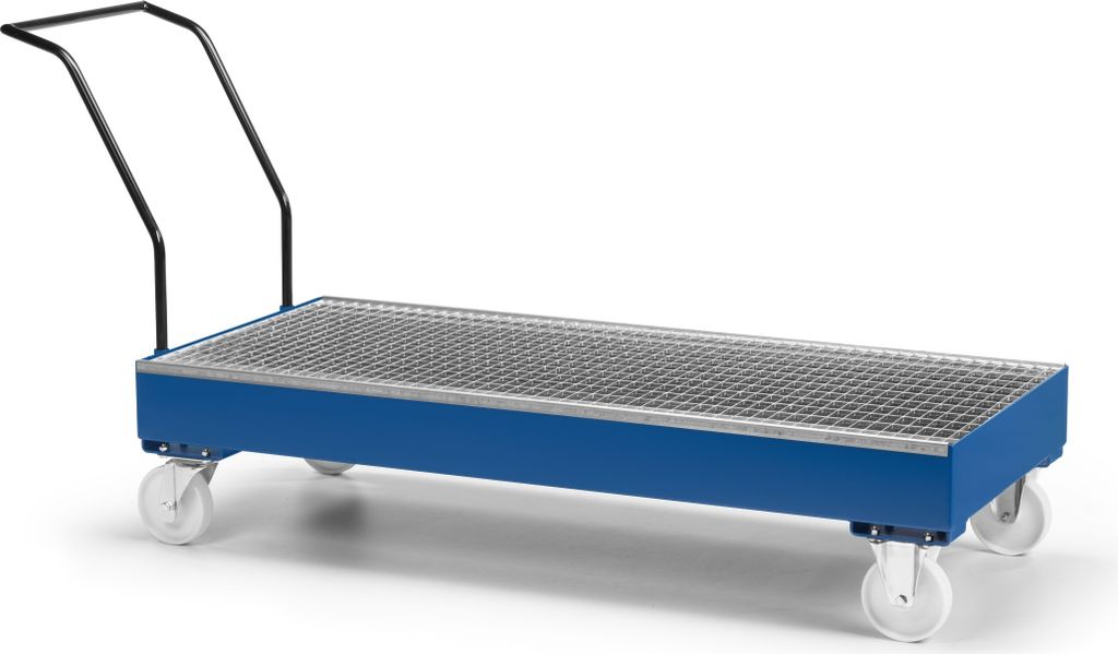 RR Industrietechnik Fahrbare Auffangwanne aus Stahl für 3x 200 Liter Fass mit Gitterrost RAL 5010 enzianblau