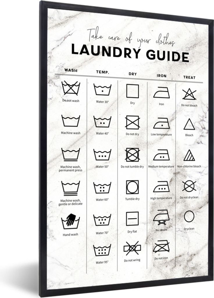 MuchoWow Gerahmtes Poster Wäschesymbole - Waschanleitung - Marmor 40x60 cm - Poster mit Schwarzem Bilderrahmen Wandposter Rahmen Foto Bilder - P...