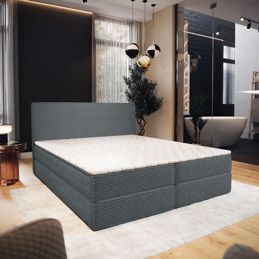 Masseno Boxspringbett PELLIO 160x200 cm Komplett-Set mit Bonell Matratze und Topper, Polsterbett mit Bettkästen -Grau, POSO 60