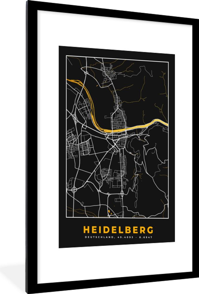 MuchoWow Gerahmtes Poster Heidelberg - Deutschland - Gold - Stadtplan - Karte 60x90 cm - Poster mit Schwarzem Bilderrahmen Wandposter Rahmen Foto...