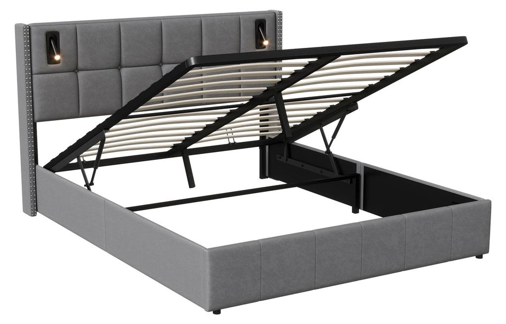 Doppelbett - Polsterbett - Hydraulischer Bettkasten - Leseleuchte - Lattenrost - Samt 140x200 cm - Belastbar bis 250 kg - Grau