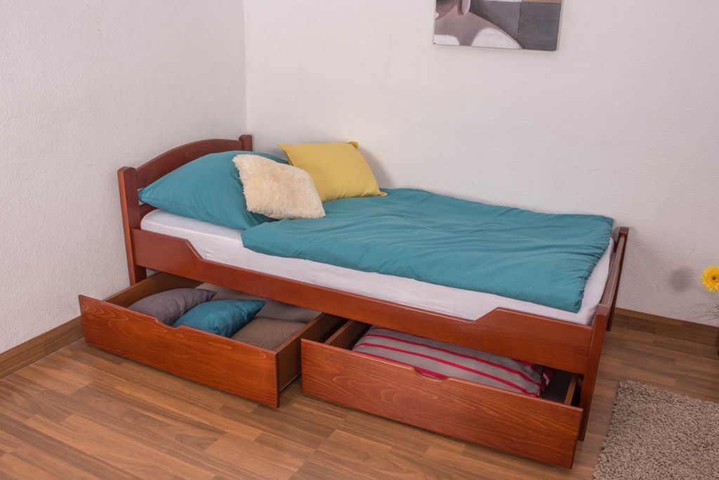 Einzelbett / Gästebett "Easy Premium Line" K1/2n inkl. 2 Schubladen und 2 Abdeckblenden, 90 x 200 cm Buche Vollholz massiv Kirschfarben