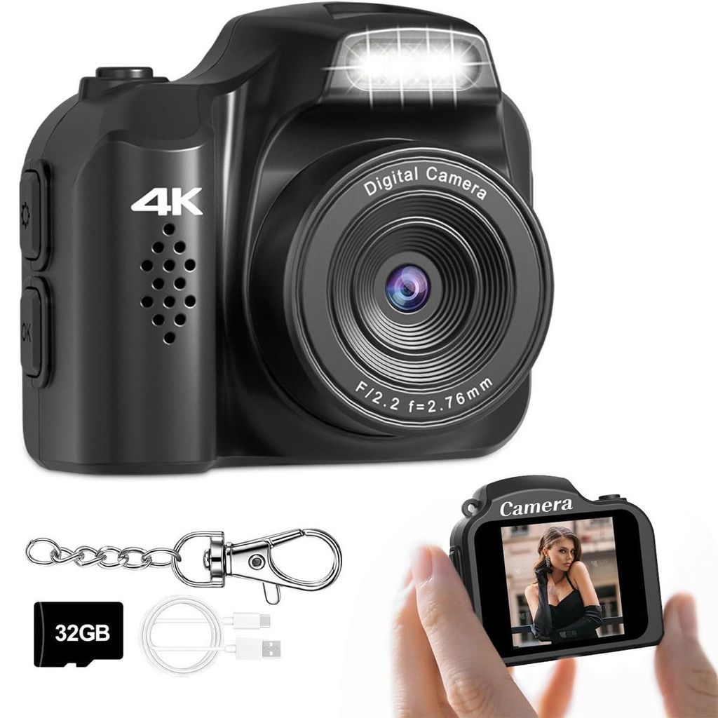 Mini Digitalkamera 4K Schlüsselanhänger, mit Display, LED Blitz, 32GB Speicherkarte, tragbar, HD Video, für Outdoor & Alltag