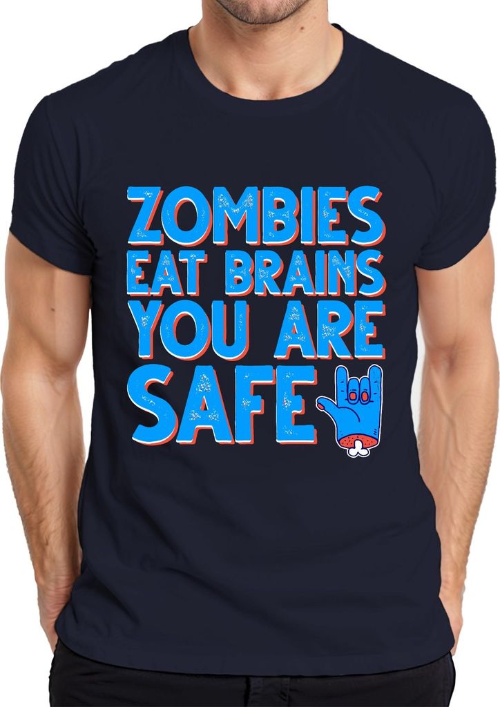 ZOMBIES EAT BRAINS YOU ARE SAFE Halloween Zombie Lustig Horror Herren T-Shirt, Navy, M