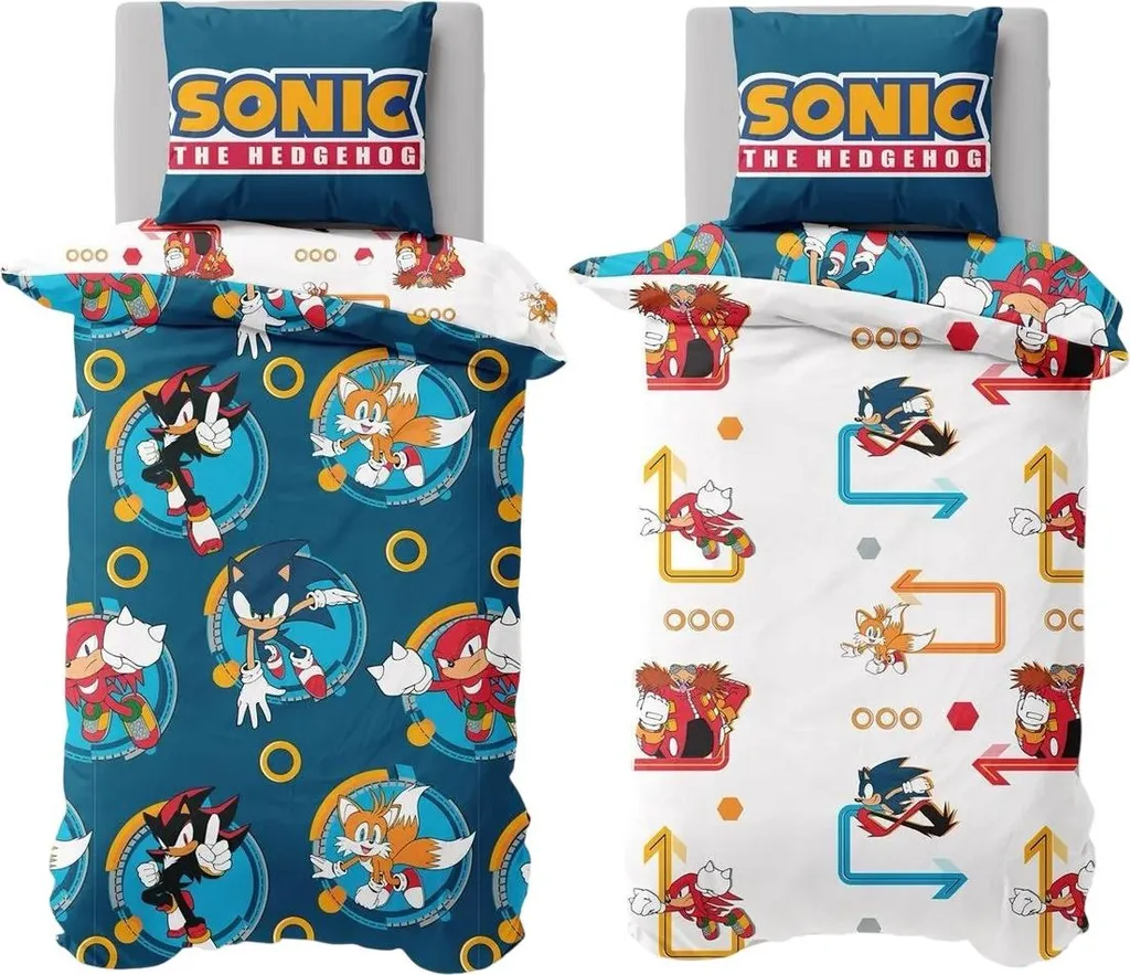 Housse de Couette Sonic Bleu avec Taie d'Oreiller - Parure Lit 1 Place