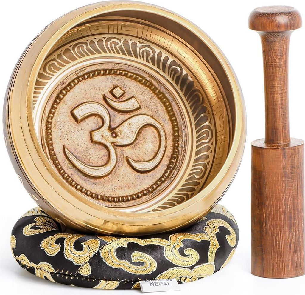 Große 105 Zoll Tibetische Klangschalen Set - klingende Klangschale mit Schlägel und Kissen - inklusive Anleitungen und Geschenkbox - 100% handgef...
