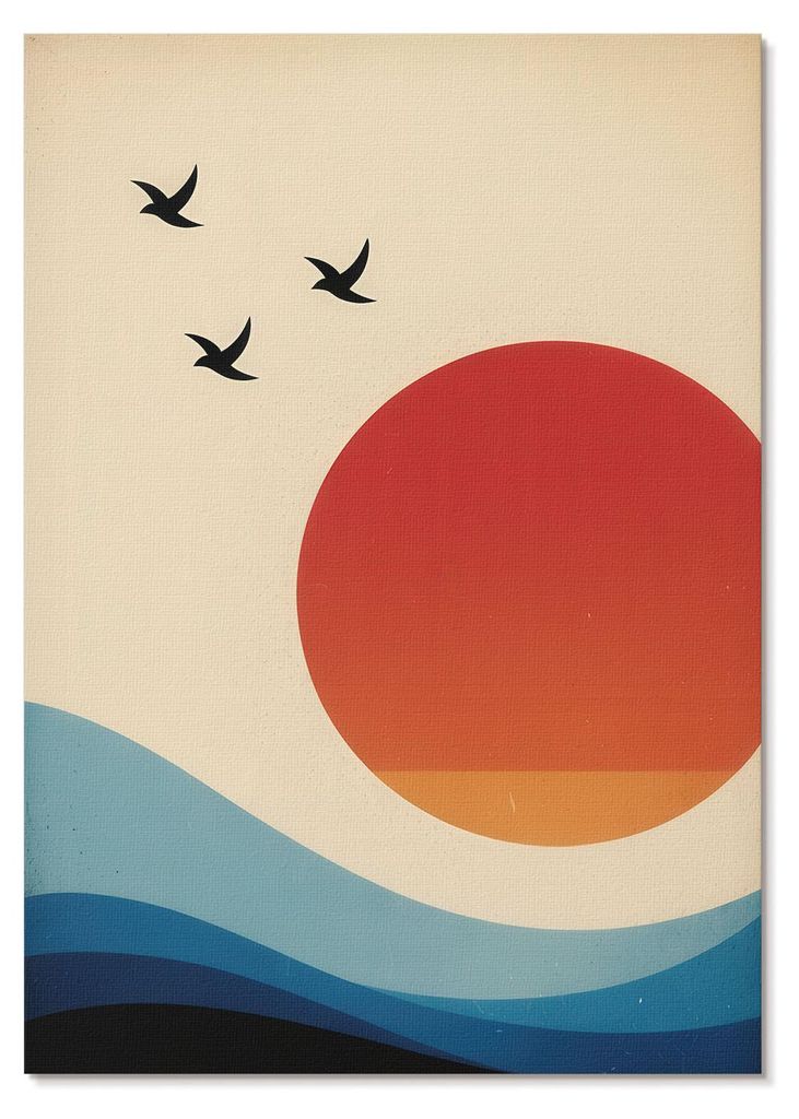POSTER - 42x59 cm (A2) - 3 Steps - Abstrakte große Sonne blaue Wellen Vögel - Wandbild für Wohnzimmer Schlafzimmer & Flur, Modernes Poster Wand...