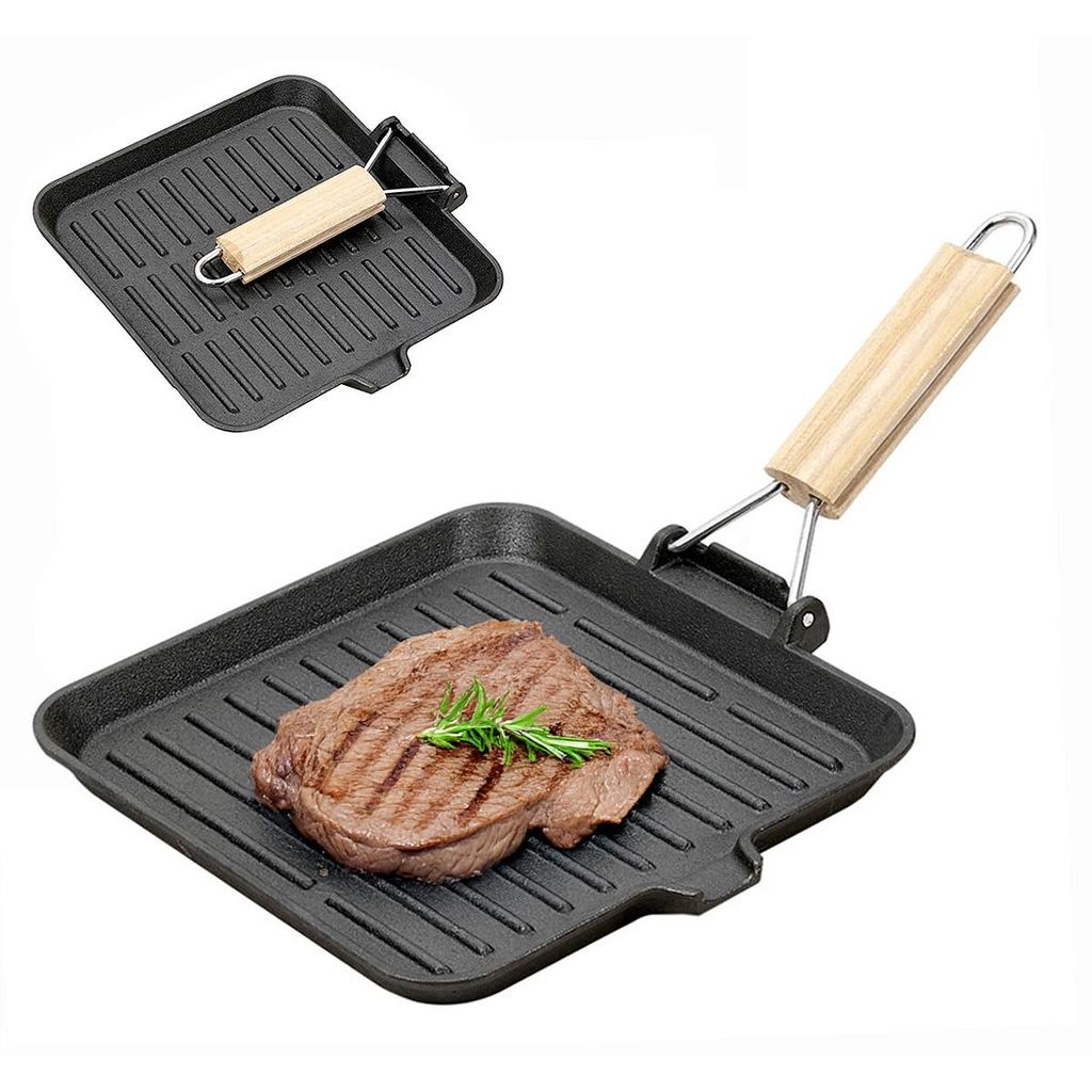 Grillpfannen, Steakpfanne Gusseisen Grillpfanne, Klappbarer Holzgriff, 20×20cm Grill Pan Induktion Viereckige Pfanne für Alle Herdarten Leicht