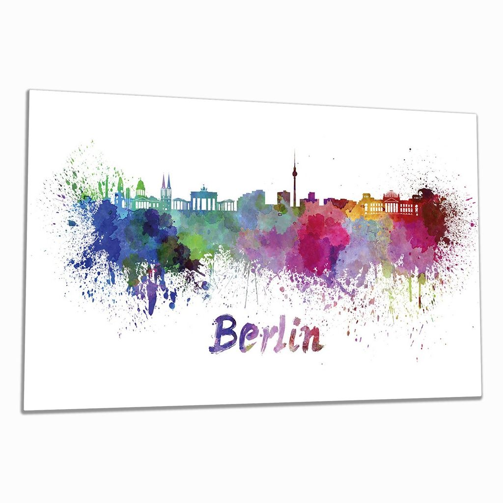 Wallario Herdabdeckplatte aus Glas, Größe 90 x 52 cm 1-teilig, Motiv Städte als Aquarell - Skyline von Berlin