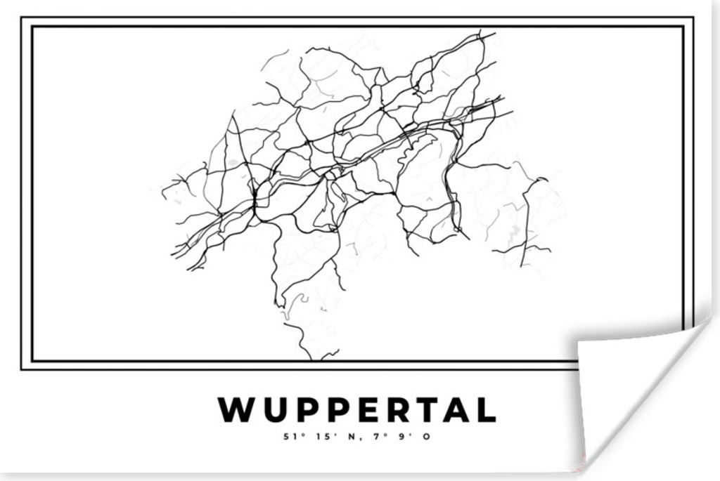 MuchoWow Poster Schwarz und weiß - Deutschland - Karte - Stadtplan - Wuppertal 90x60 cm - Schlafzimmer