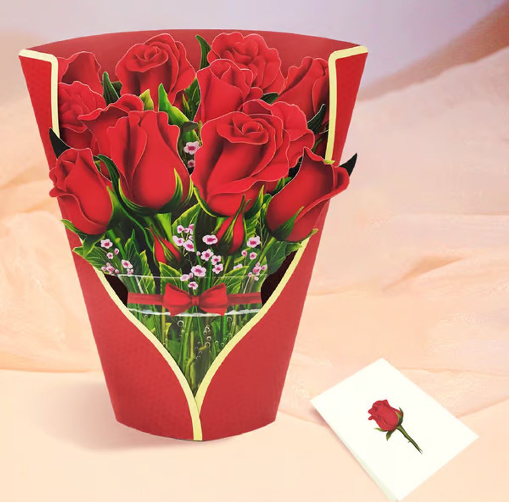Nachhaltiger 3D-Blumenstrauß aus Papier 29 x 24,5 cm mit Grußkarte, Zeitloses Geschenk aus Papierblüten, Ewige Papierblumen - PETALORA Rote Rose
