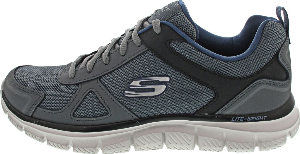 A side view of a gray and blue Skechers athletic shoe.