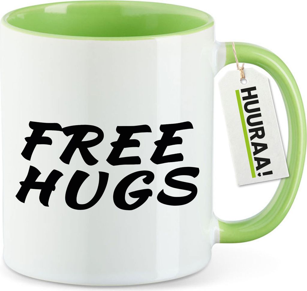Huuraa Kaffeetasse Free Hugs Schriftzug 330ml Grün Keramik Kaffeebecher Geschenkidee