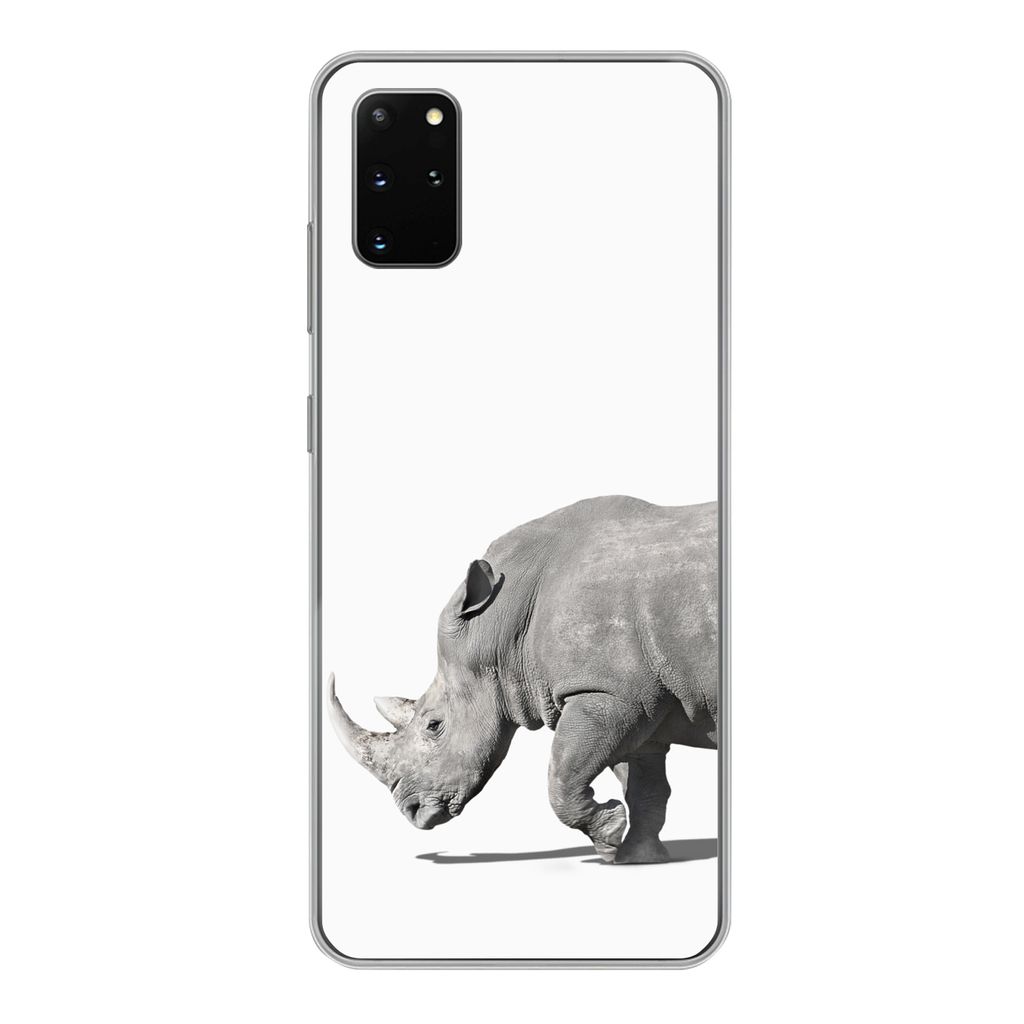 MuchoWow Handyhülle Schutzhülle Hülle für Samsung Galaxy S20 Plus Rhinozeros - Tiere - Weiß Silikon Softcase Handy Hülle - Hartschale