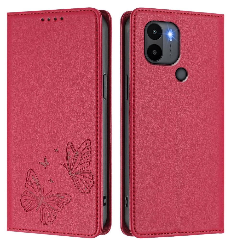 Lederhülle für Xiaomi Redmi A1+/A2+, Schmetterling Prägung Leder Brieftasche Schutzhülle mit Ständer Rot