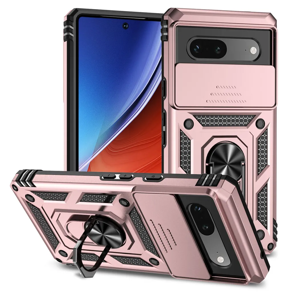 Custodia per Google Pixel 7A a doppio strato con copertura scorrevole della fotocamera e supporto ad anello Rosa