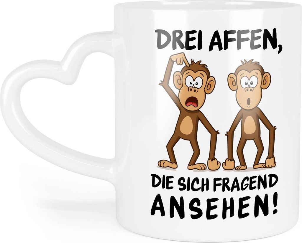 Drei Affen die sich fragend ansehen Tasse Herzhenkel – Lustiges Geschenk für Paare