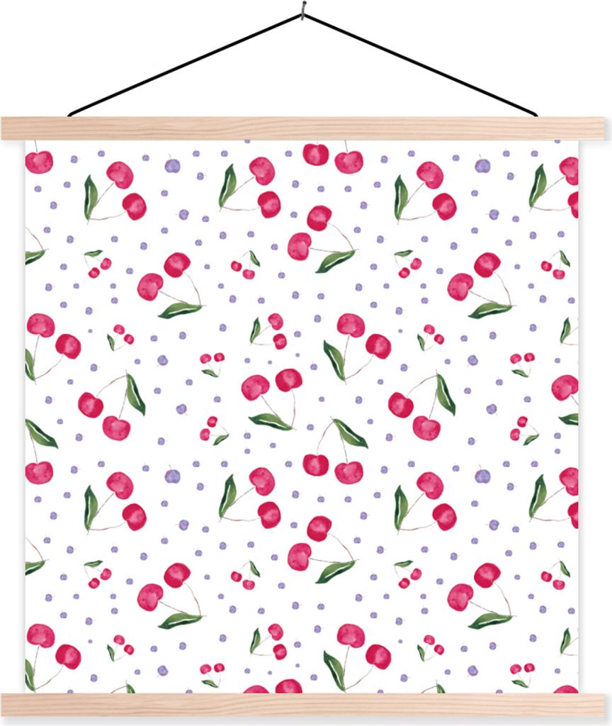 MuchoWow Textilposter Kirschen - Weiß - Muster 120x120 cm mit holzfarbenen Rahmen - Textil-Poster