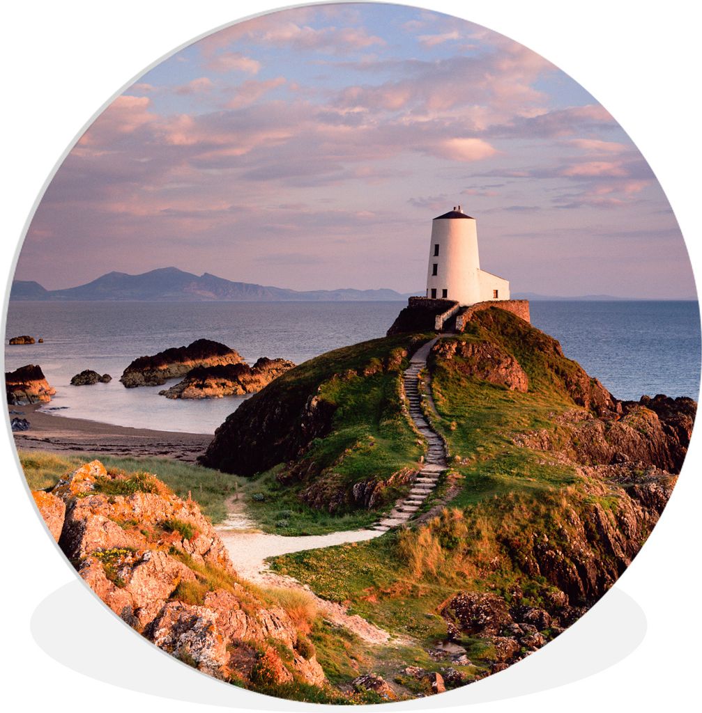 MuchoWow Rundes Wandbild - Runde Bilder Leuchtturm Llanddwyn auf der Insel Llanddwyn auf einer Klippe, Wales, UK Ø 60 cm Kreis Wanddekoration Ku...