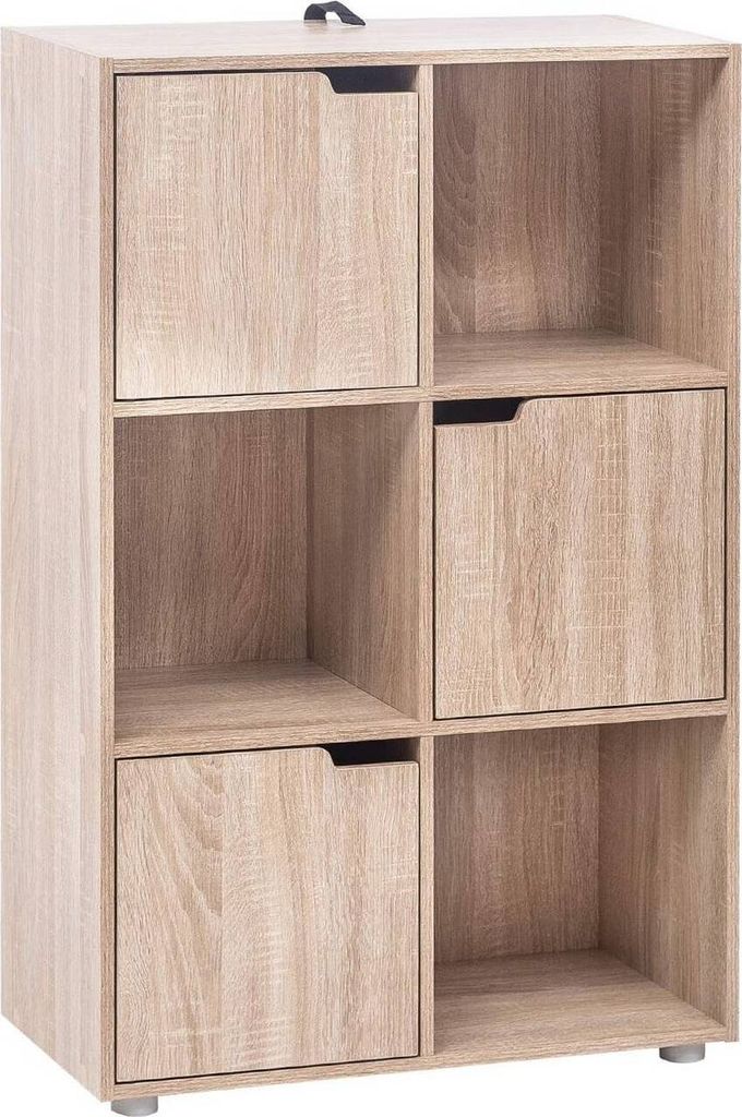 A light brown wooden storage unit with six compartments, three of which have doors.