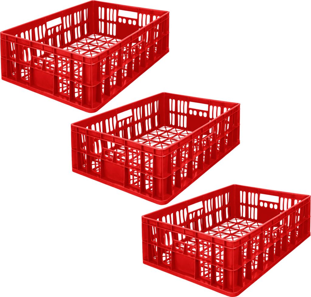 Garronda 3 Stück belüftete Eurobox 69x47x20 cm Bäckerkisten Eurobehälter Aufbewahrungsbox (Rot) GD-CRI-CrateMD1