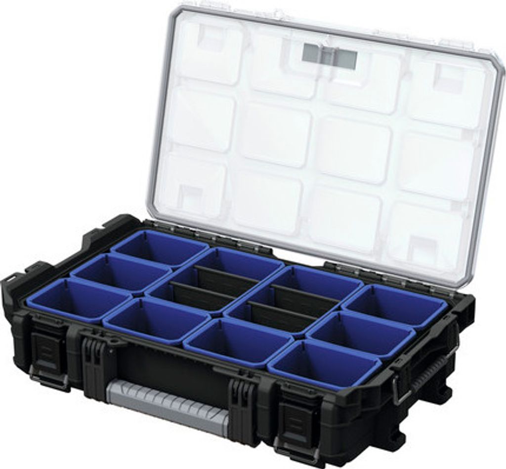 An open organizer box with multiple compartments.