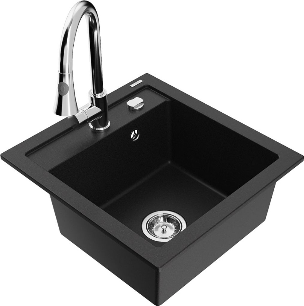 Mexen Vito 1-Becken-Granit-Spüle mit Mischbatterie Elia, Schwarz - 6503-77-670101-00