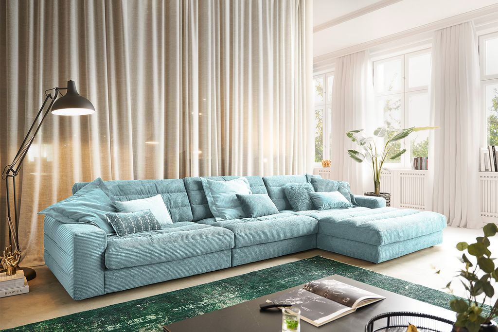 KAWOLA Sofa LANA XL Ecksofa Cord hellblau Recamiere rechts