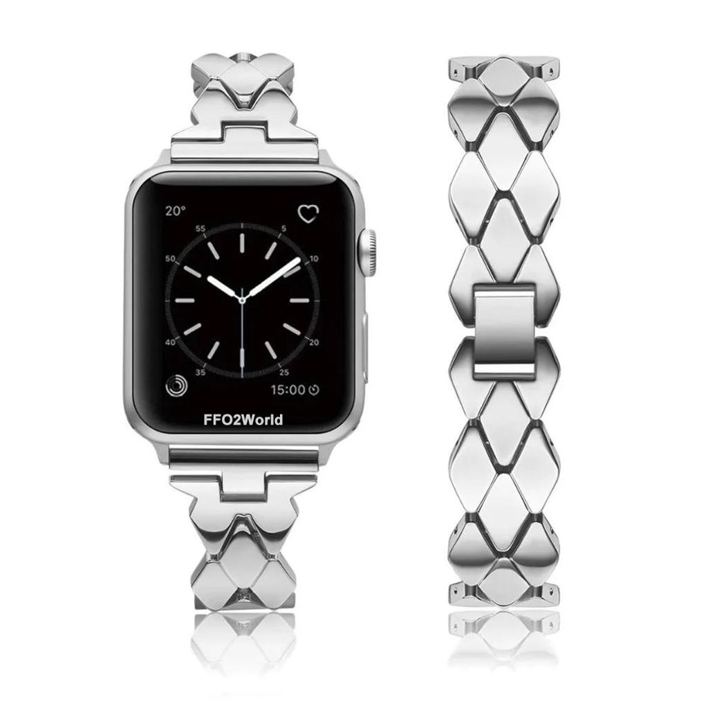 FFO2World Dünnes Metallarmband für Apple Watch 38–42 mm (Serie 1–11, SE) – Diamantförmiges Edelstahl-Armband für Damen – Silber
