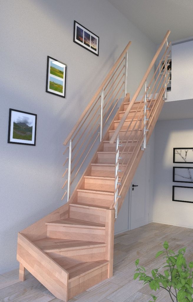 Holztreppe Rhodos in 1/4 gewendelter Ausführung rechts-Buche-Design Geländer Holzrundstäbe-beidseitig-mit Setzstufen