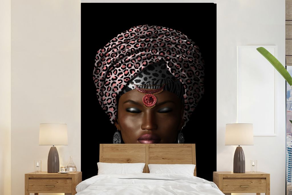 MuchoWow Fototapete für Wohnzimmer oder Schlafzimmer Wandtapete Vinyl Motivtapete Frau - Farben - Kopftuch - 225x350 cm - Schlafzimmer tapete