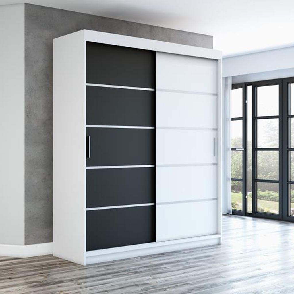Schwebetürenschrank, 2-türig Schrank PARIS 180 cm (mit Spiegel) (Weiß / schwarz / weiß)