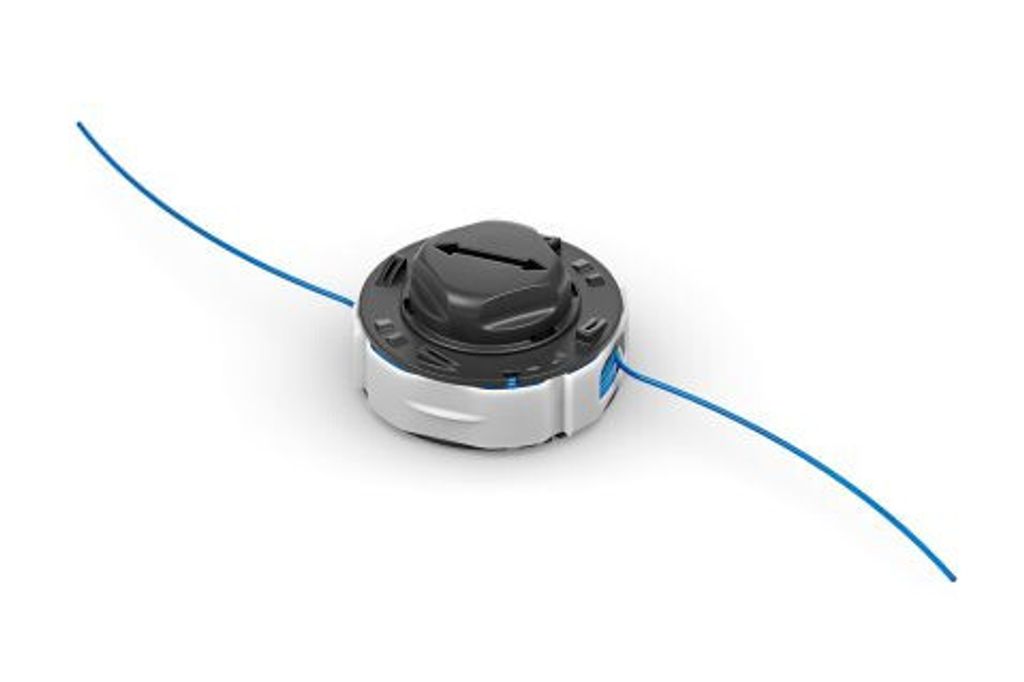 A single string trimmer head with blue cutting line, shown against a white background.