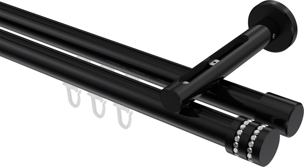 Interdeco Innenlaufstange / Gardinenstange mit Innenlauf Schwarz, Typ Siteno Estana (Glitzerkappe), 20 mm Ø 2-läufig, 140 cm
