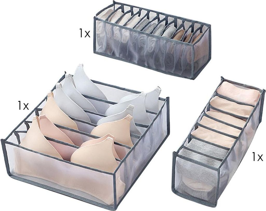 Unterwäsche Organizer – praktische Unterteilungen für BHs, Socken und Lingerie – 3 Stück – grau – platzsparend und faltbar