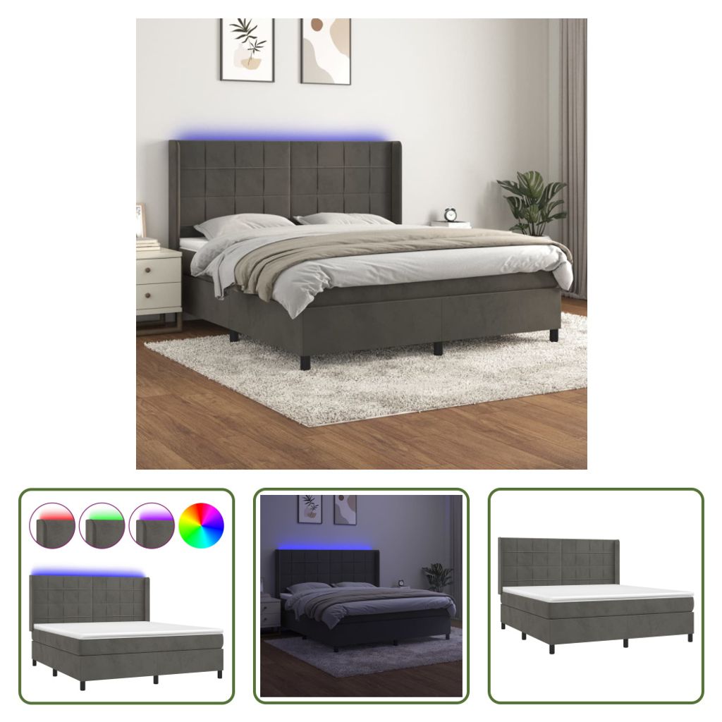 The Living Store Boxspringbett mit Matratze & LED Dunkelgrau 160x200 cm Samt