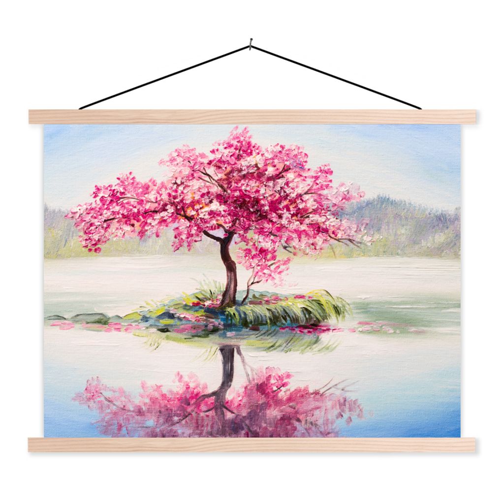 MuchoWow Textilposter Gemälde - Blüte - Wasser - Ölgemälde 60x45 cm mit holzfarbenen Rahmen - Bild
