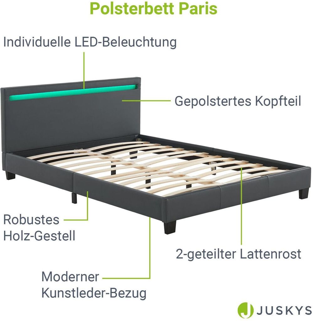 Juskys Polsterbett Paris 140 x 200 cm Kunstleder mit LED, Produktbild 3