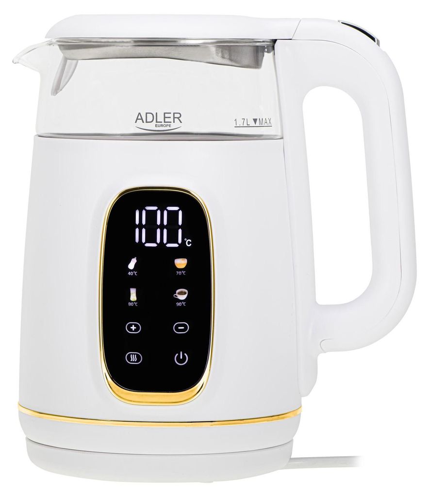 A white electric kettle with a digital display and gold accents, shown in a studio setting against a white background.