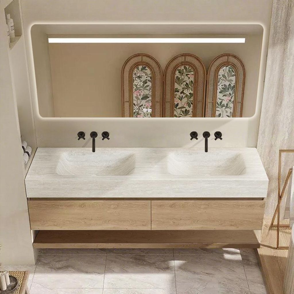 Wandhängendes Badmöbel-Set Travertin-Look mit Sinterstein Doppelwaschbecken Spiegel Unterschrank Ablage ohne Armaturloch 140×55 cm【RW4822-140 ...