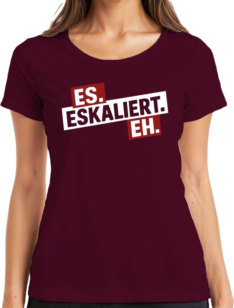 Es eskaliert eh Spruch Party Karneval JGA Lustig Bier Feierabend Damen T-Shirt, Burgundy, XXL