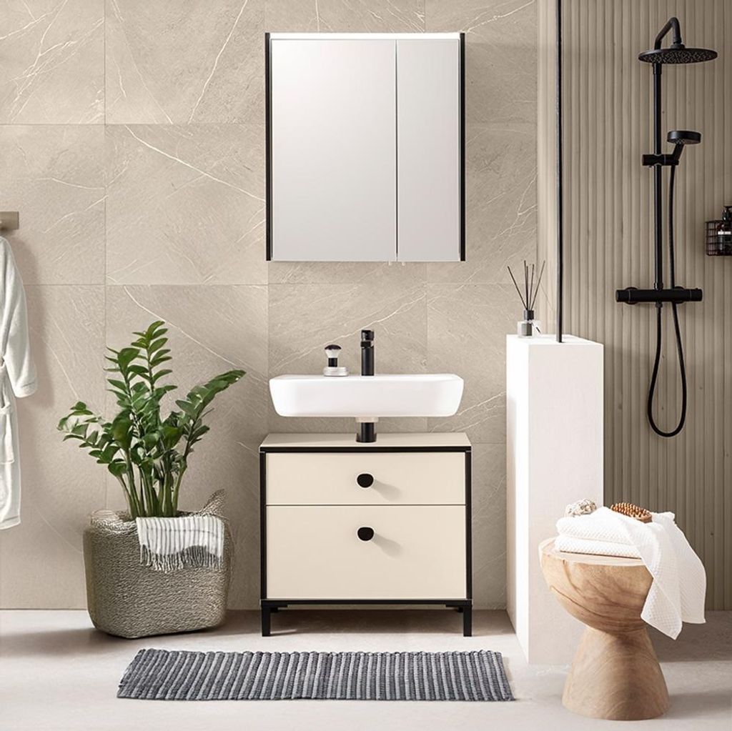Badezimmer Set 2-teilig in Beige mit Mattschwarz, Spiegelschrank mit Beleuchtung - ELMIRA-80