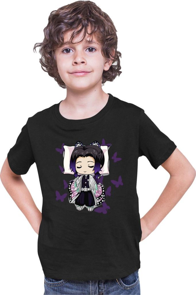 Kinder T-Shirt Demon Anime Slayer Kimetsu No Yaiba Shinobu Kocho Sleeping, 9-11 Jahr - 140 / Schwarz