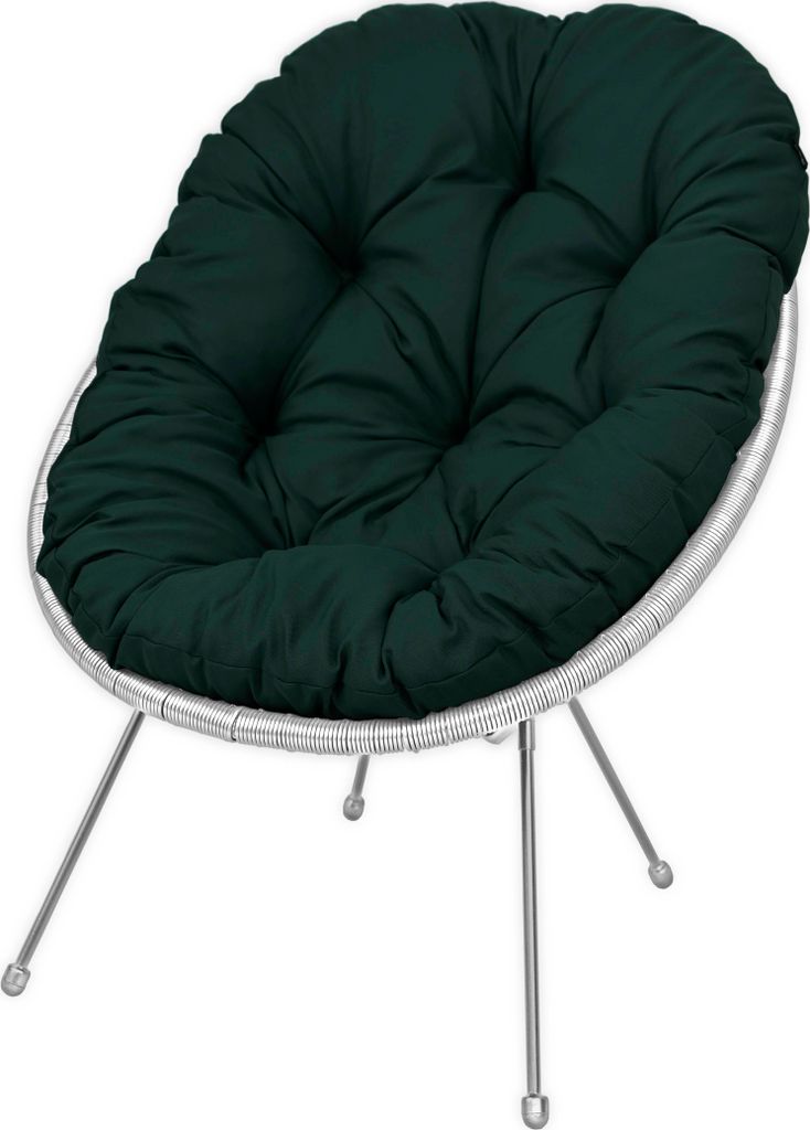 A dark green cushion on a white wicker chair with silver legs, isolated on a white background.