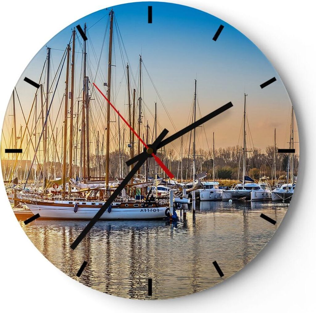 Wanduhr - Rund - Glasuhr - Katamaran Yacht Anker Ankerplatz - 40x40cm - Schleichendes Uhrwerk - Lautlos - zum Aufhängen bereit - Dekoration Modern...