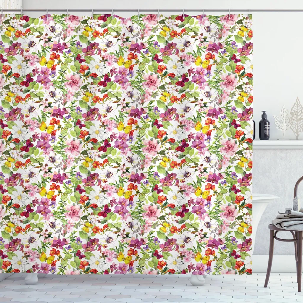 ABAKUHAUS Tenda da doccia con motivi floreali, motivo floreale vintage retrò francese, elegante design old fashion, 175 x 200 cm, verde reseda caffè chiaro