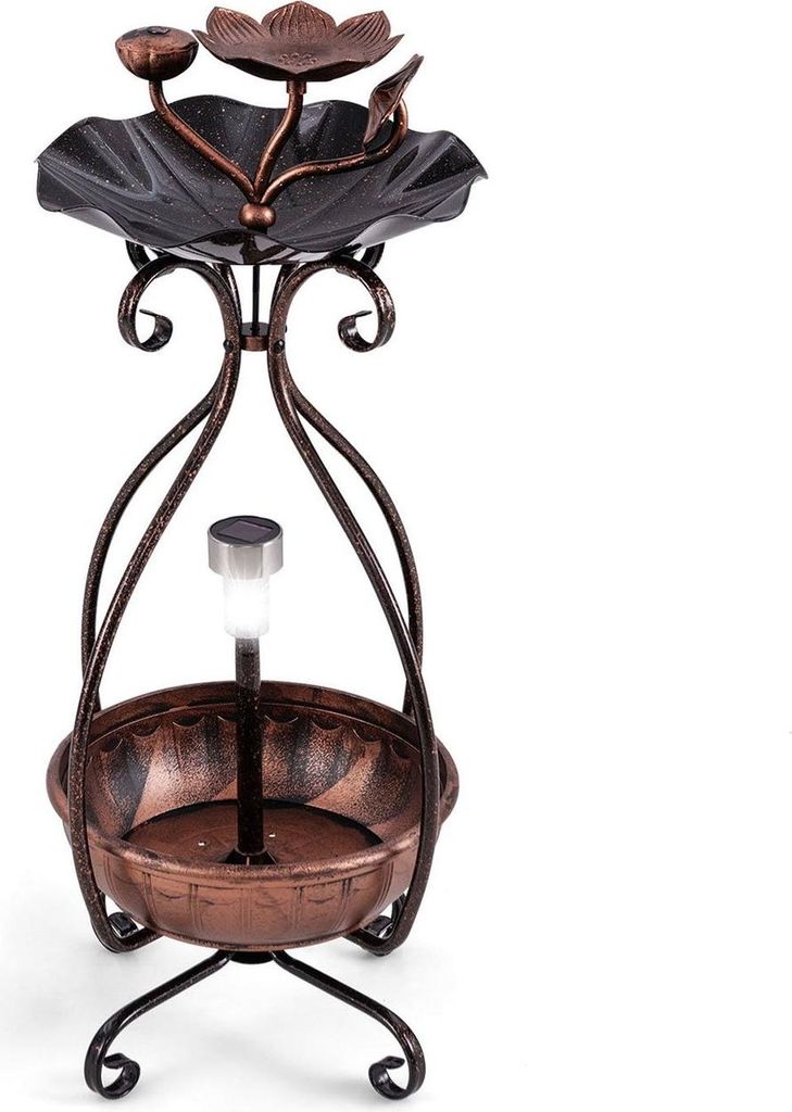 Solar-Vogelbad mit Futterspender und Pflanzgefäß - Bronze-Lotus-Design